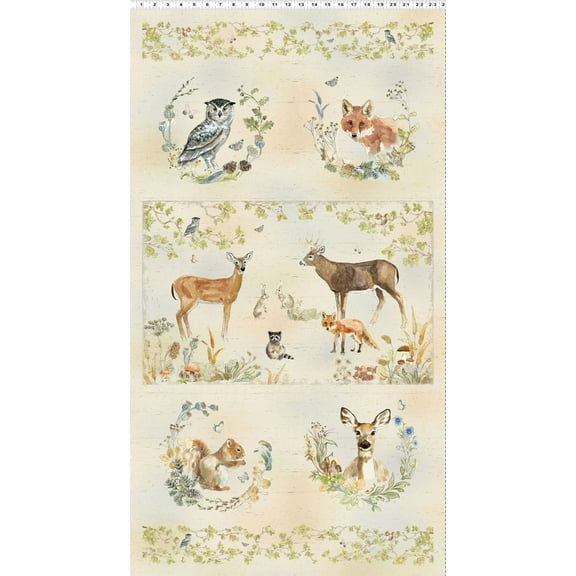 24" X 44" Panel Wildwood Woodlands Animals in Blocks Botanicals Light Khaki Forest Creatures Clothworks Cream Cotton Fabric Panel (Y4369-55multicolor)