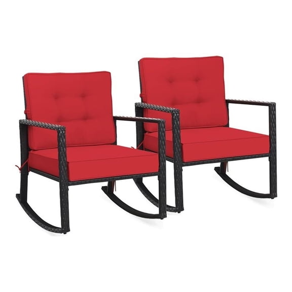 Pemberly Row 2 Pieces Rattan Outdoor Patio Rocking Chair with Cushion in Red