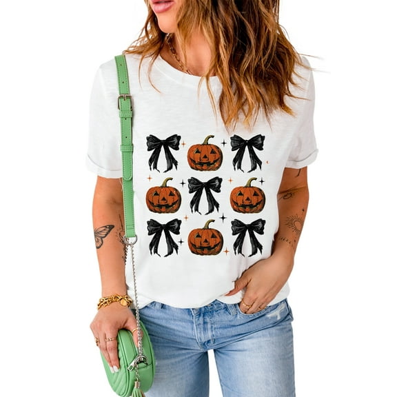 Women's White Halloween Pumpkin Face Bowknot Graphic T-Shirt - [ZhiHiMeRi] | (US 20-22)2XL