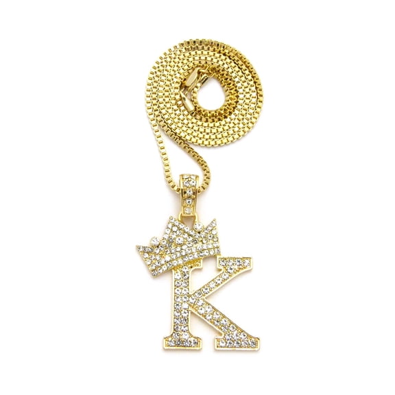 Stone Stud Allover Tilted Crown Initial K Pendant w/ 2mm 24" Box Chain Necklace, Gold-Tone