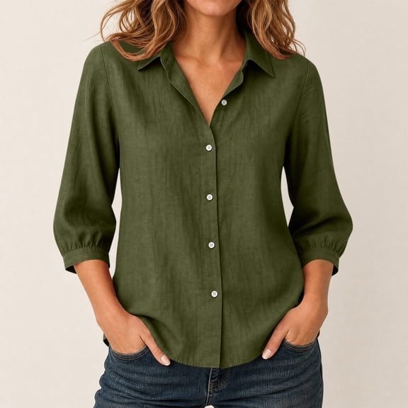 Qulqfy Blouses for Women 3/4 Sleeve Fall Cotton Solid Dressy Tunic Army Green Collared Vintage Pleat Button Up Womens Tops L