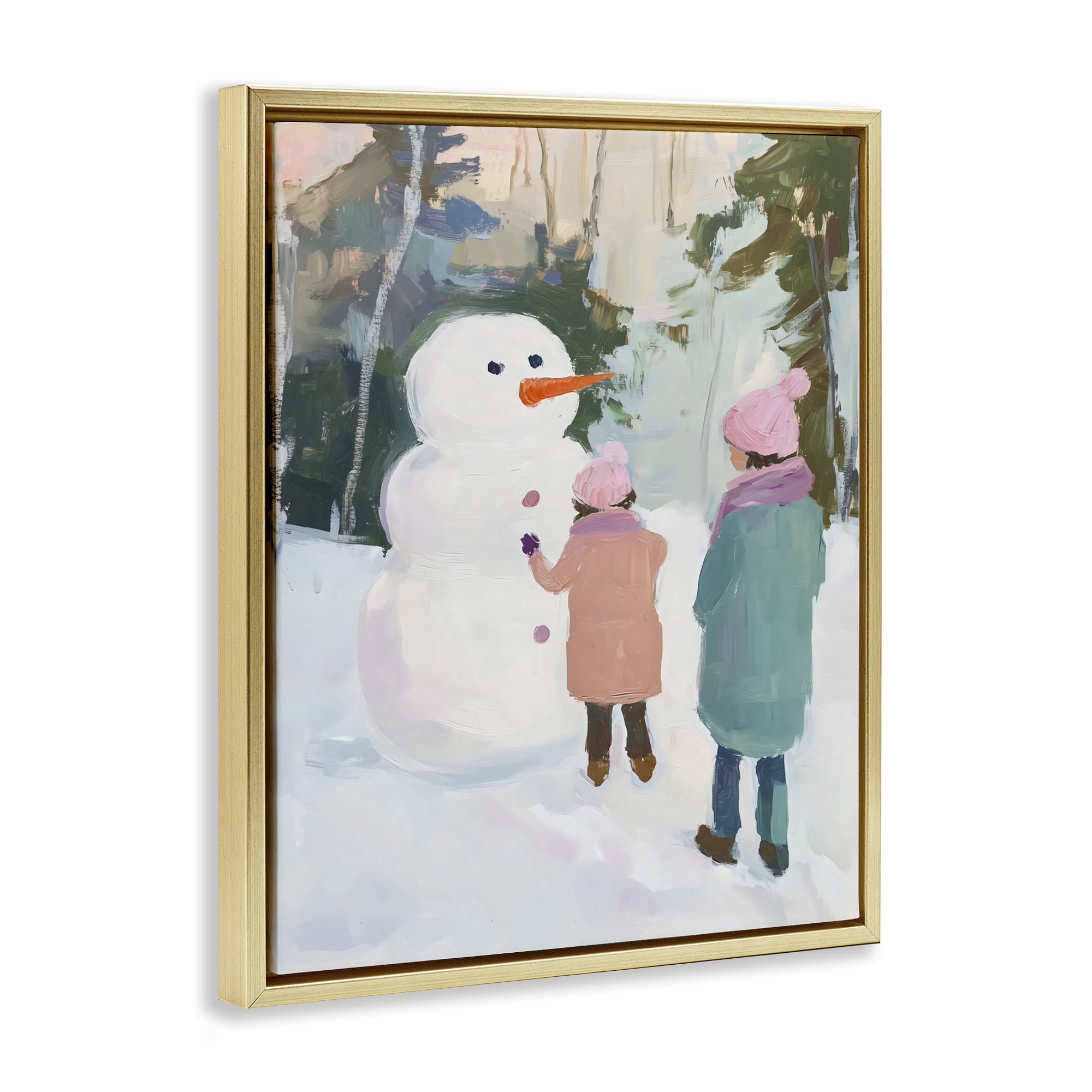 Stupell Industries Two Girls With Snowman Gold Framed Floater Canvas Wall Art, design by The Prints Vibe