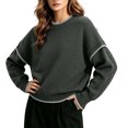 thumbnail image 5 of Tqcoqu Sweaters for Women Crewneck Long Sleeve Contrast Cable Knit Tops, Solid Loose Fit Casual Pullover Sweaters, Oversized Stitching Fall Clothes Outfits, 5 of 6