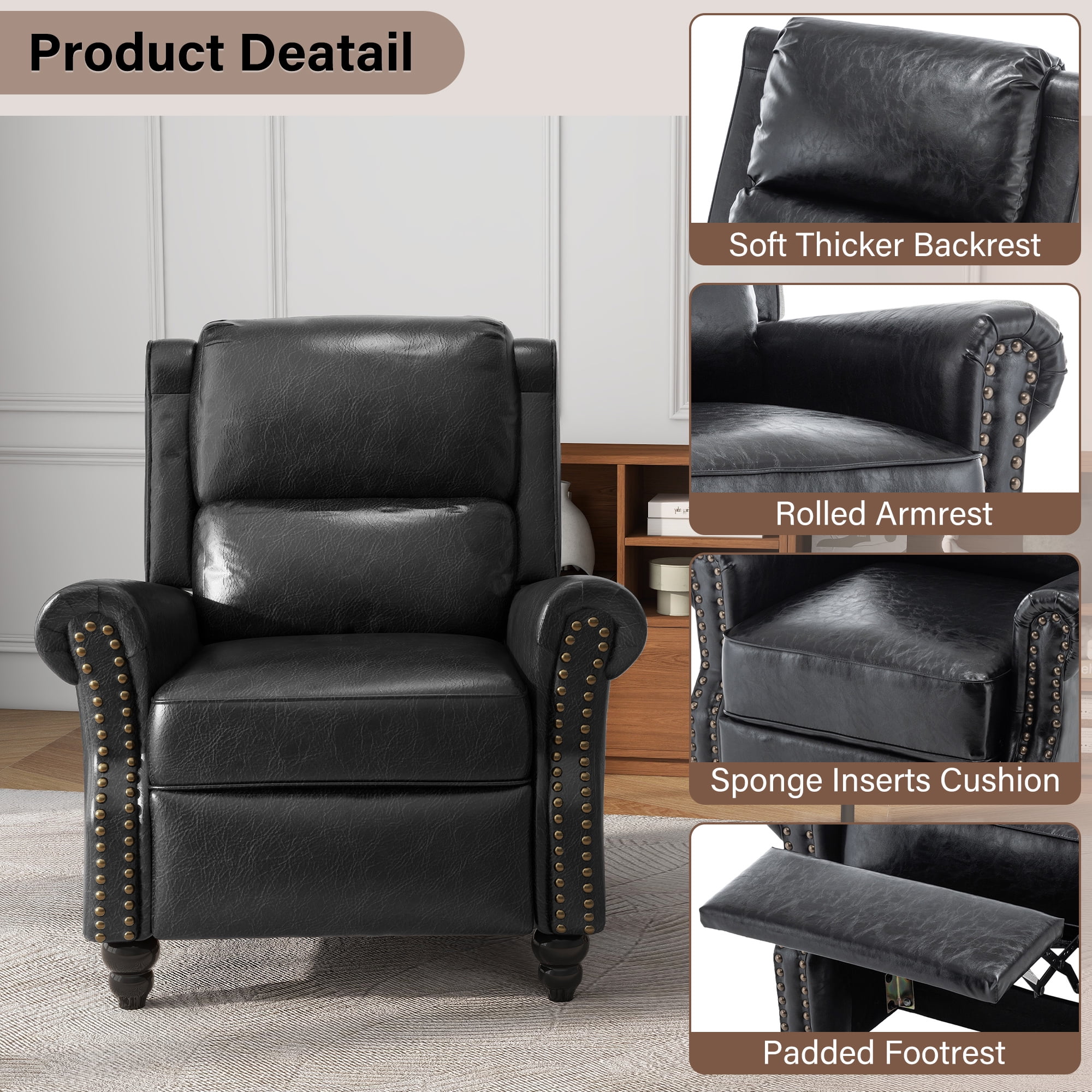 Push Back Recliner Armchair Faux Leather Wingback Recliner Chair for Living Room,Black