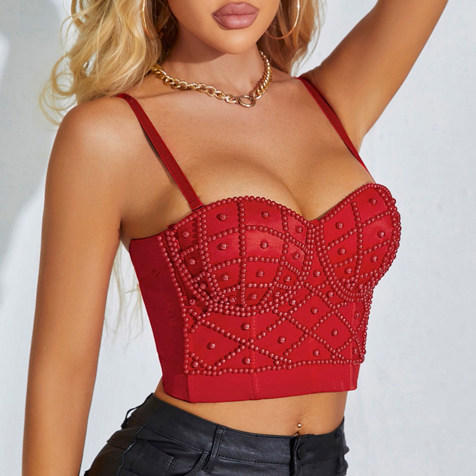 YYDGH Womens Pearl Beaded Bustier Crop Top Spaghetti Strap Corset