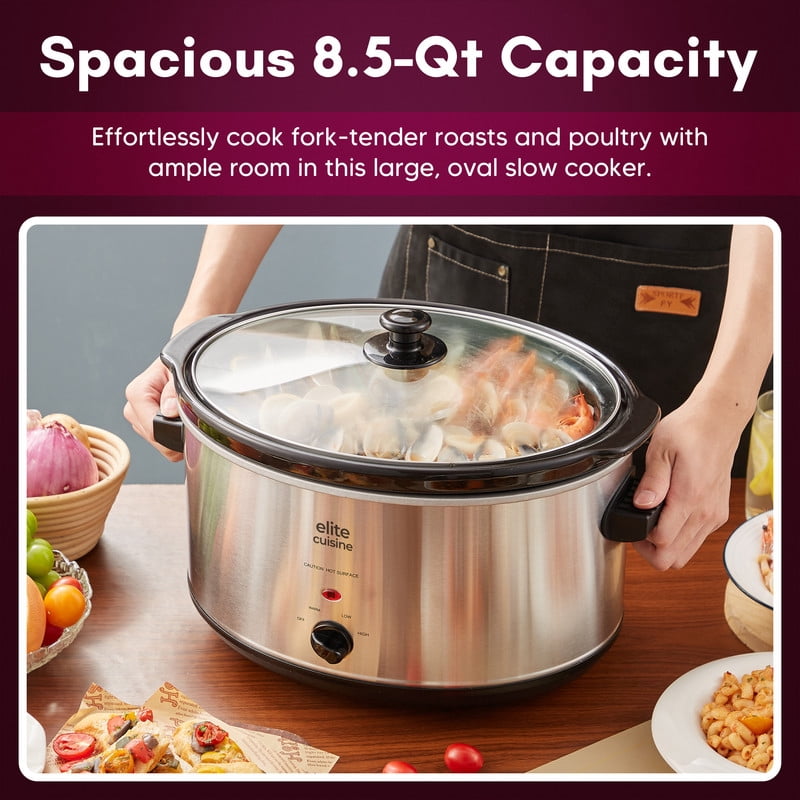 Elite Cuisine MST511 8.5Qt. Stainless Steel Slow Cooker with Adjustable Settings and Keep Warm