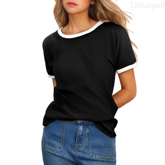 Lixiuxyad Women's Solid Color Crew Neck Short Sleeve T Shirt With Contrast Trim Dressy Casual,Black L