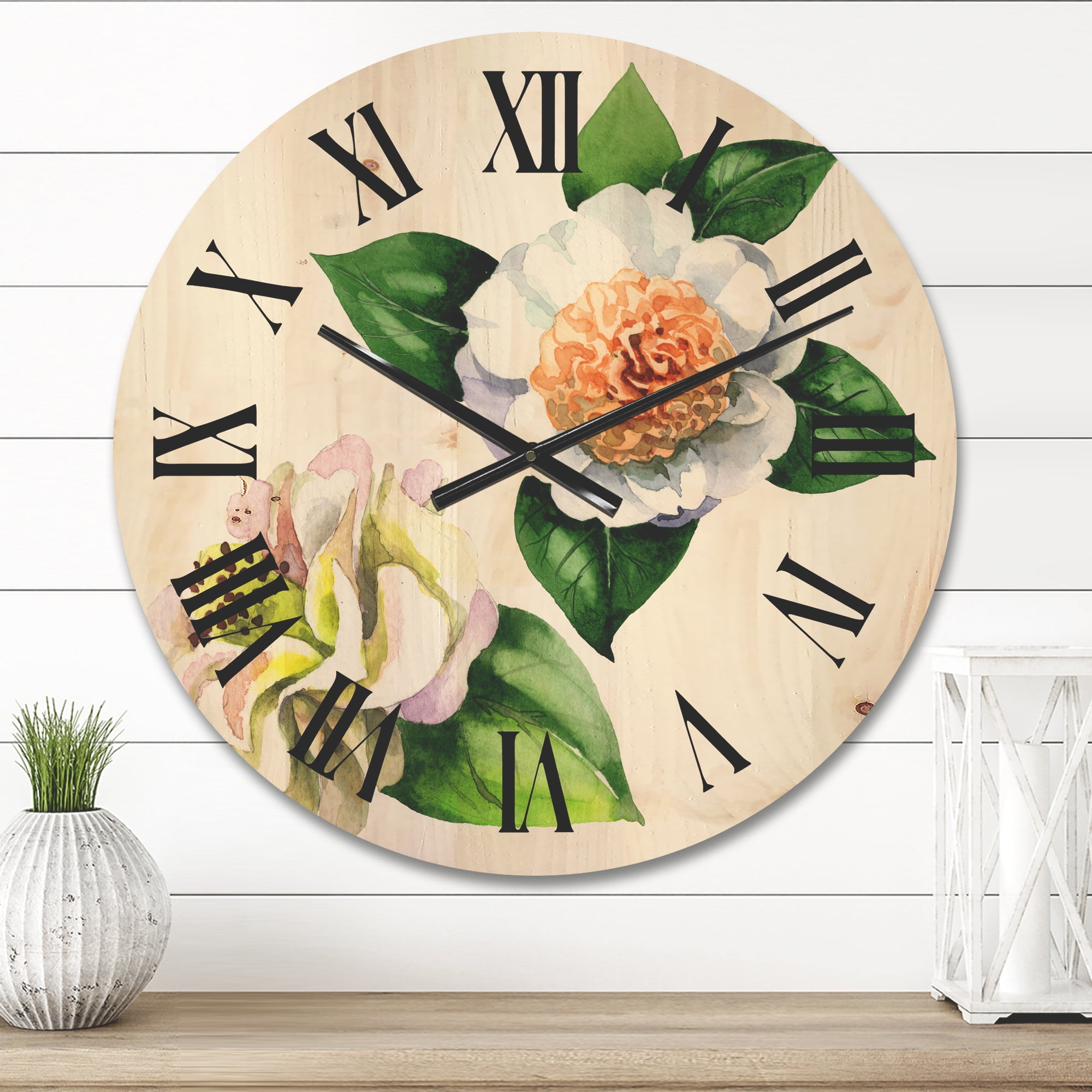 Designart 'Ancient White Camellia Flowers With Green Leaves' Traditional Wood Wall Clock
