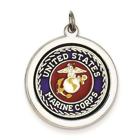 Sterling Silver Polished Enamel US Marine Corps Logo Round Disc Charm Pendant