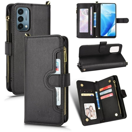 Case for ONEPLUS NORD N200 5G Cover Zipper Magnetic Wallet Card Holder PU Leather Flip Case - Black