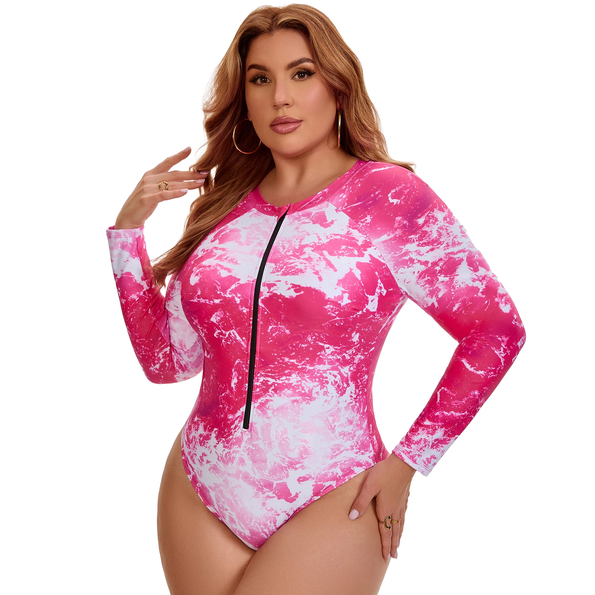 DARING DIVA Women's Plus 1 Piece Surfing Long Sleeve Swimwear L Hot Pink