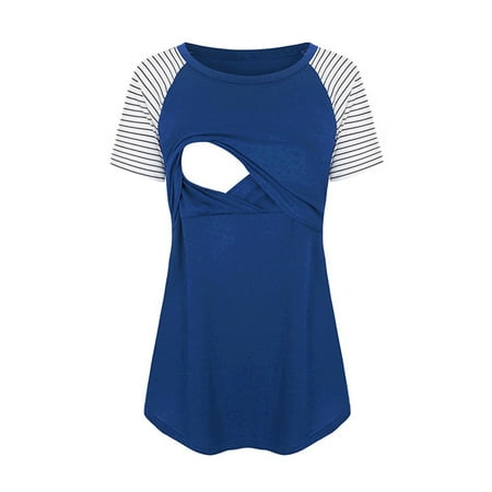 

Womens Maternity Short Sleeve Crew Neck Striped Printed Nursed Tops T Shirt For Breastfeeding