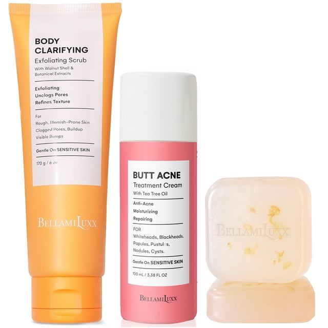 BellamiLuxx Set para el tratamiento del acné en glúteos: jabón, loción y exfoliante