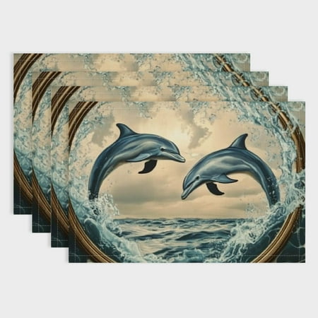 

SHERONV Dolphin Placemats for Dining Table Sea Aniamls Waterproof Table Place Mat for Party Decoration Retro Oil Painting Style Washable Table Mats Set of 4 18x12in
