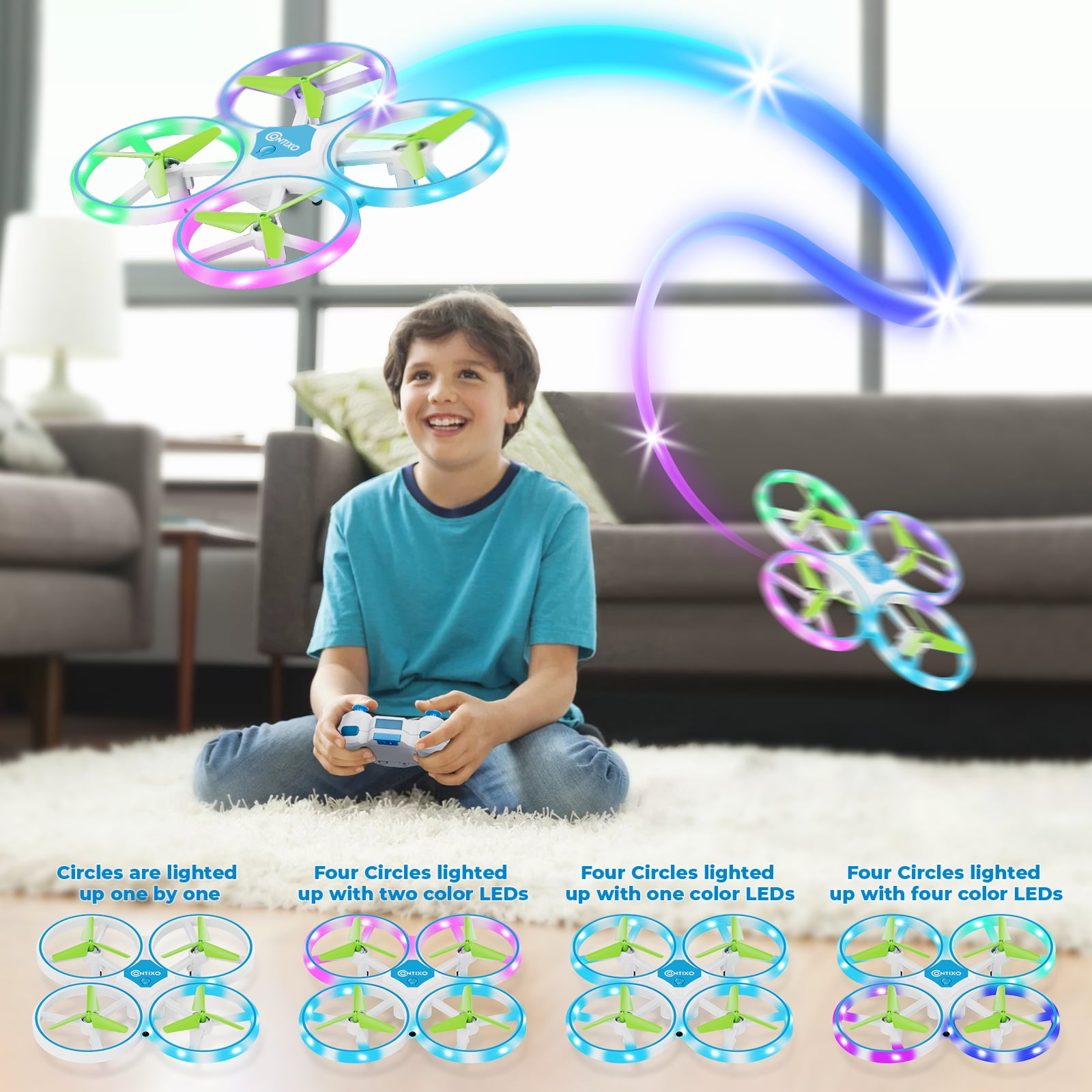 (3 pack) Contixo Drones for Kids, Kids Drone with LED Lights, Altitude Hold, and 16-Min Flight, Blue Dragonfly