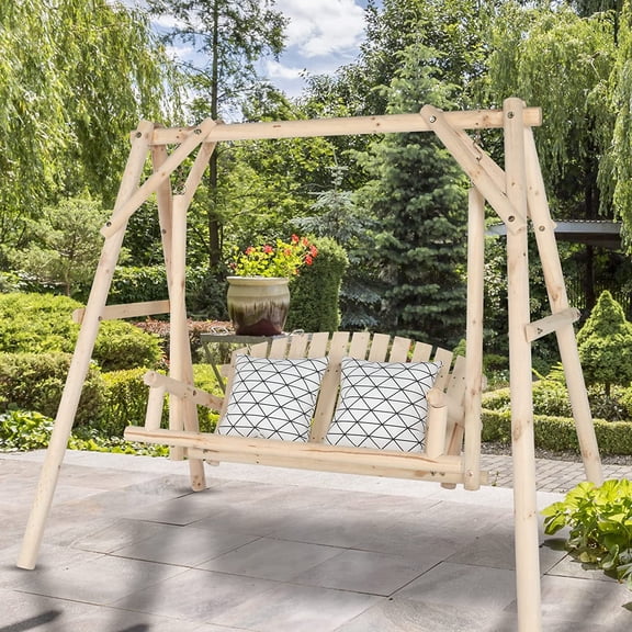 Heavy Duty Wooden Porch Swing with A-Frame Stand for Outdoor  Garden, Natural Finish