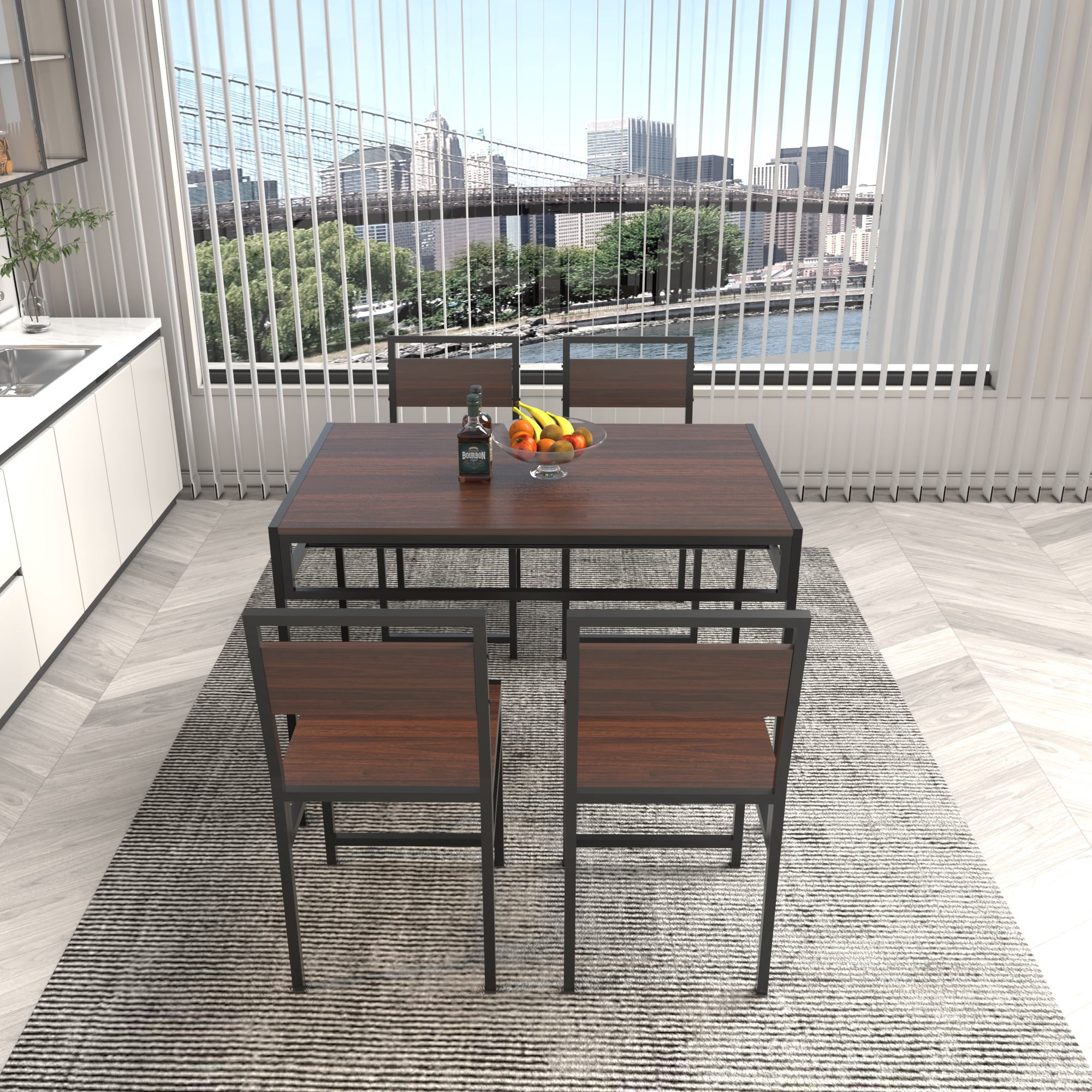 4-Piece Rectangular Dining Table Set with 4 Chairs, Industrial Wood Grain Kitchen Table with Built-in Wine Storage Rack, Space Saving Metal Frame Dinner Furniture for Apartment Kitchen Dining Room