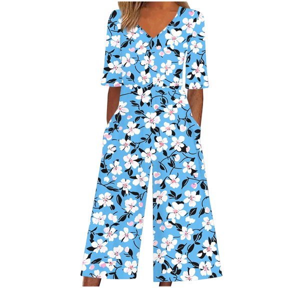 BVnarty Women V Neck Elbow Sleeve Small Floral Print Culotte Jumpsuit, Relaxed Silhouette Equipped With Side Pockets for Backyard Gathering Light Blue L