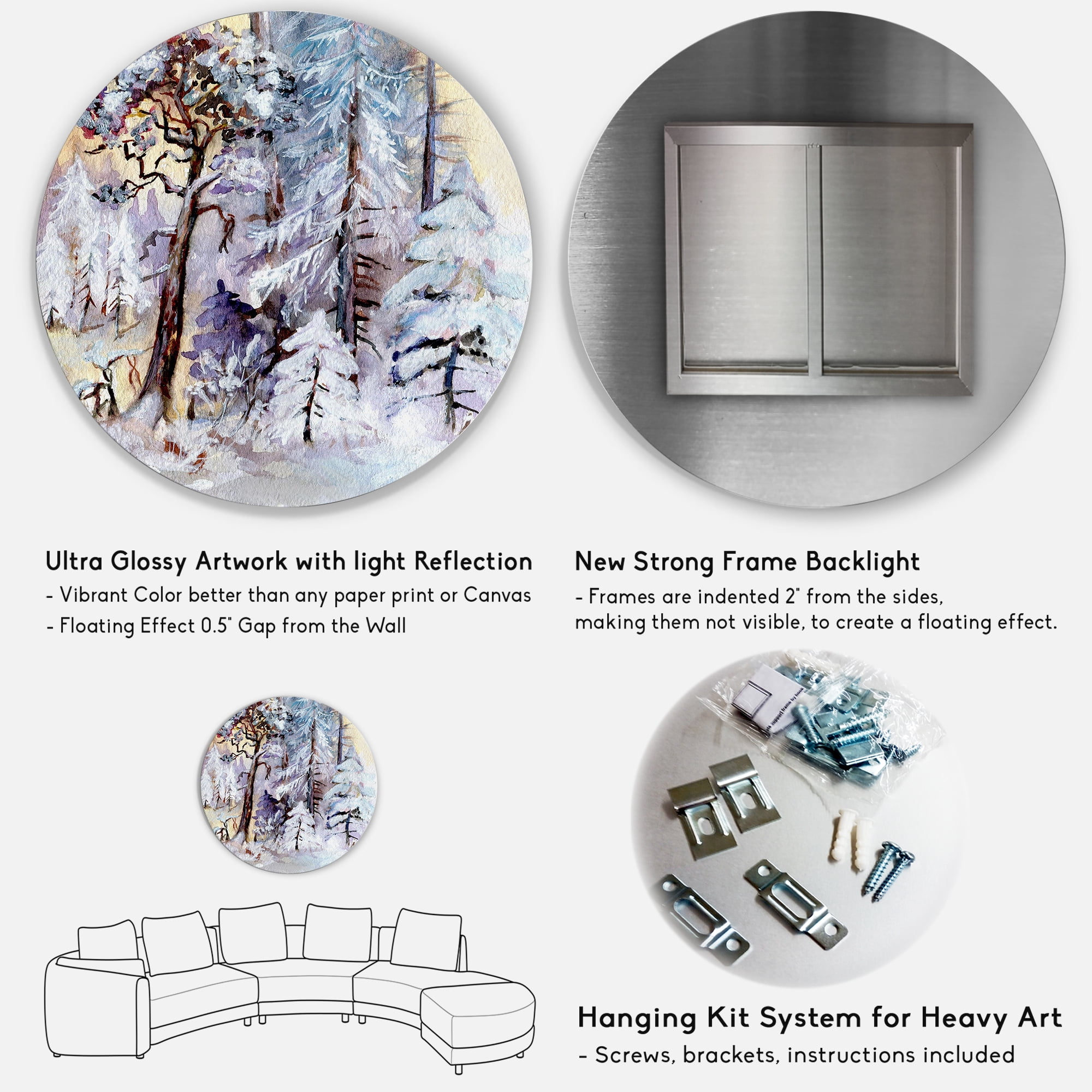 Designart 'The Lake With Winter Snowy Forest' Lake House Circle Metal Wall Art 36x36 - Disc of 36