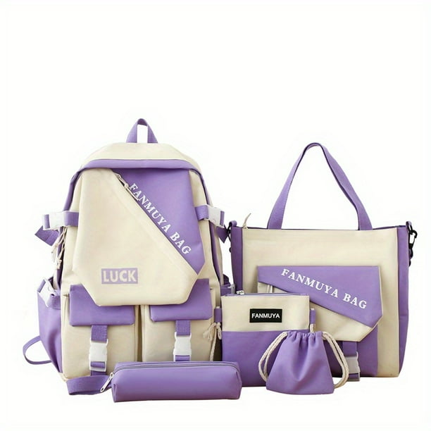 5 Juegos De Bolsas De Muy Buen Gusto, Mochila Para Libros Con Bloques De Colores, Bandolera, Bandolera, Estuche Para Lápices Y Minibolso Con Cordón