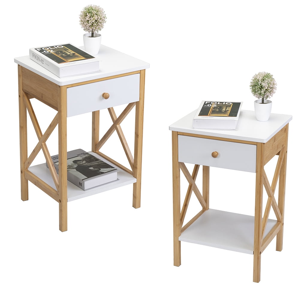 Kepooman Bamboo Nightstand Set of 2, Wood Accent Table with Drawer & Storage Shelf for Bedroom, White and Natural Kepooman Bamboo Nightstand Set of 2, Wood Accent Table with Drawer & Storage Shelf for Bedroom, White and Natural