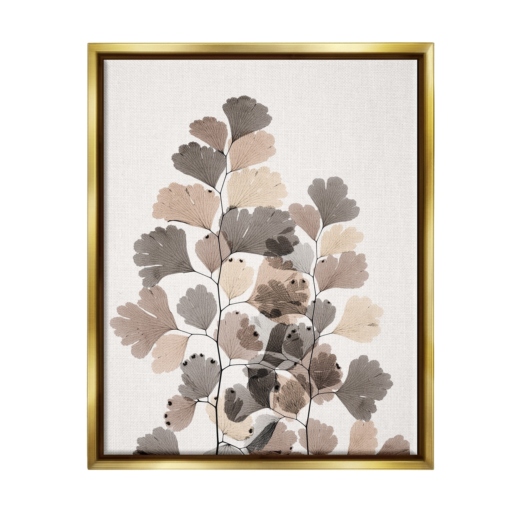 Stupell Industries Modern Ginkgo Leaf Arrangement Translucent Brown Grey Leaves Metallic Gold Framed Floating Canvas Wall Art, 24x30, by Albert Koetsier