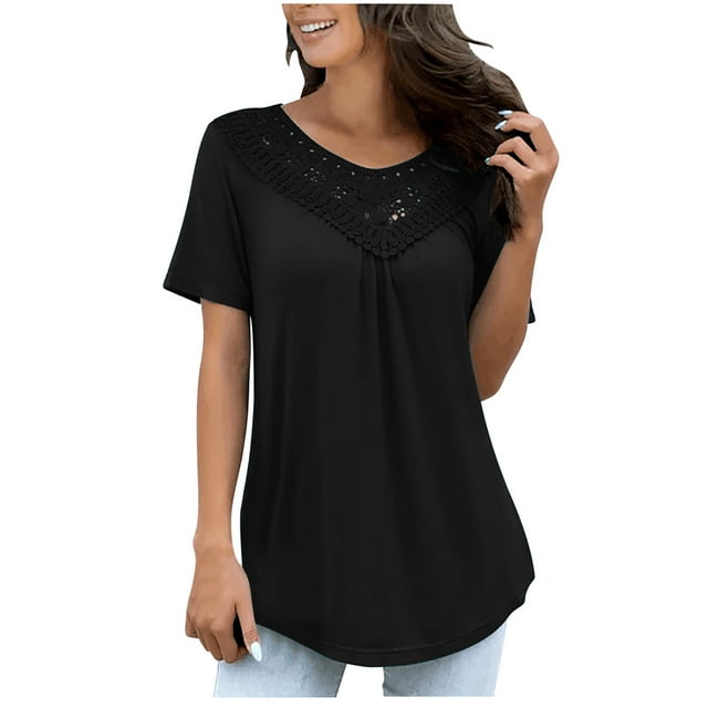 AherBiu Chemises à Manches Courtes Grande Taille pour Femmes Col Rond Décontracté Patchwork en Dentelle Ample Tuniques d'Été Blouse