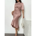 thumbnail image 3 of MORTTIC Women's Elegant Ruched Bodycon Midi Dress, Short Sleeve Mock Neck Party Outfit for Club & Evening Events, S, 3 of 5