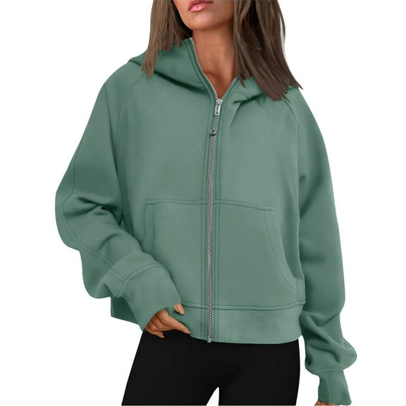 Pitauce Sweatshirt for Women Solid Casual Loose Cardigan Full Zipper Long Sleeve Coat Cropped Hoodies Sweatshirt Tops With Pocket on Clearacnce