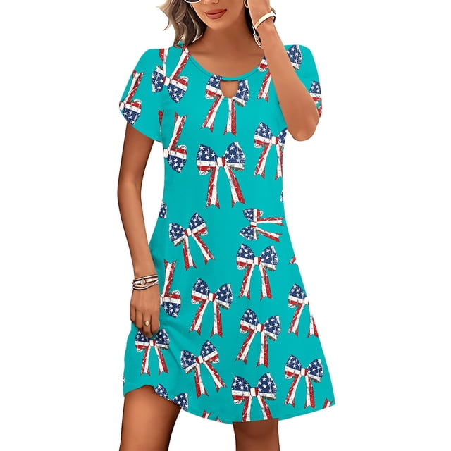 Puntoco Vestido De Cuello Redondo De Manga Corta Suelto Informal Estampado Del Día De La Independencia De Verano Para Mujer Verde Menta Xl,Regalos Para Mujer Joven