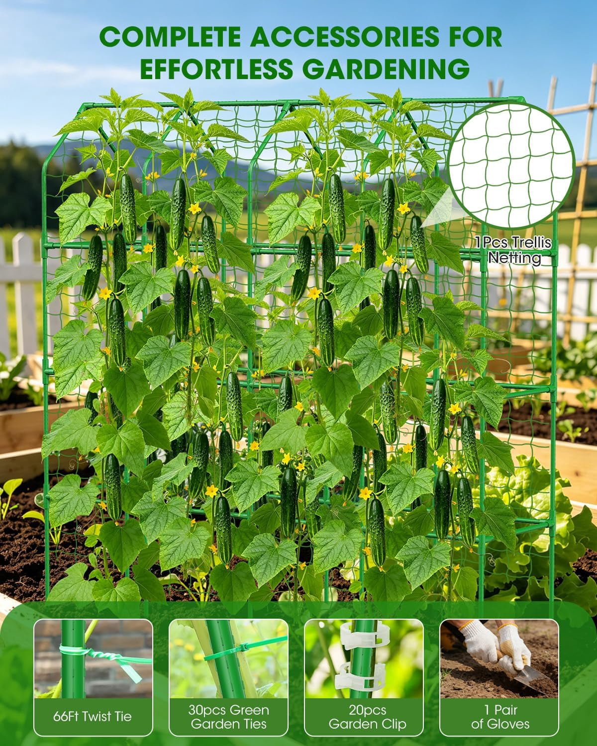 65" Cucumber Trellis for Climbing Plants Outdoor, Metal Garden Trellis for Raised Bed, Plant Support Structures with Netting for Cucumbers Tomatoes Beans Peas (67 * 17 * 65inch(L*W*H), Trellis)