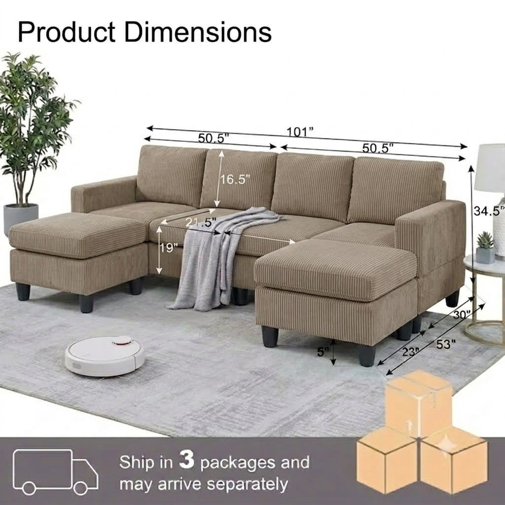 Howcool 106" Cloud Sectional Sofa with Extra Deep Seat,U Shaped Sectional Couches for Living Room,4 Seater Corduroy Sofas & Couches,Modern Apartment Couch with Double Chaise Lounge,Camel