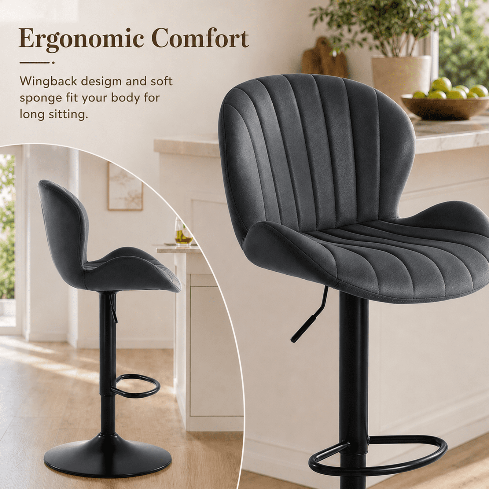 Alvantor Bar Stools Set of 2, Adjustable Swivel Barstools, Fabric Upholstered Barstools Counter Height with Backrest for Bar and Kitchen Island