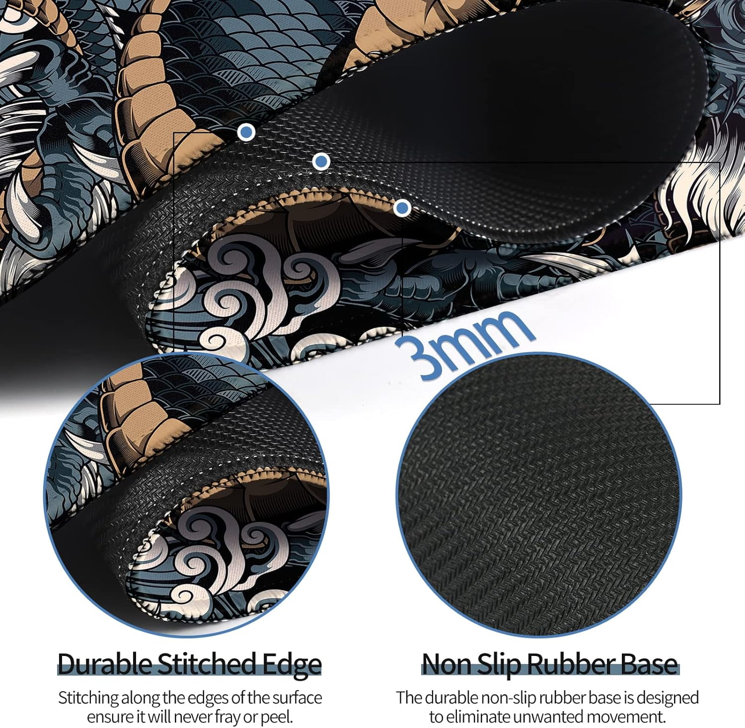 Dragon Mouse Pad, Gaming Office Home Mousepad, Computer Keyboard Laptop Desk Mat for Man, Large Extended Non-Slip Rubber Base, with Stitched Edges, 31.5x15.7x0.12 in, Dark Blue