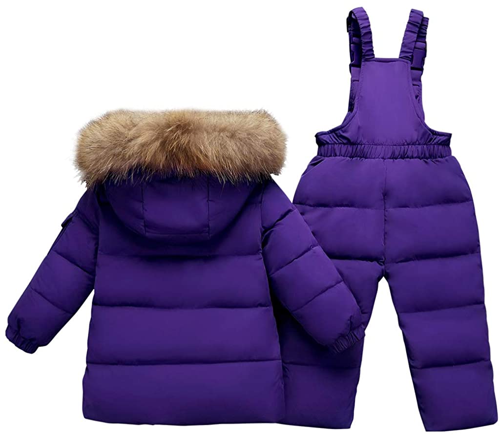 Vimukun Baby 2-Piece Snowsuits Unisex Winter Thick Fur Hooded Down Coat with Bib Pants