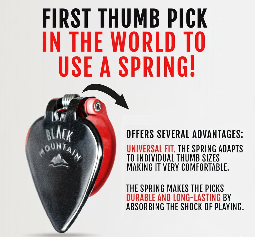 5X BLACK MOUNTAIN Spring Loaded Guitar Thumb Picks | Heavy Gauge Universal Fit