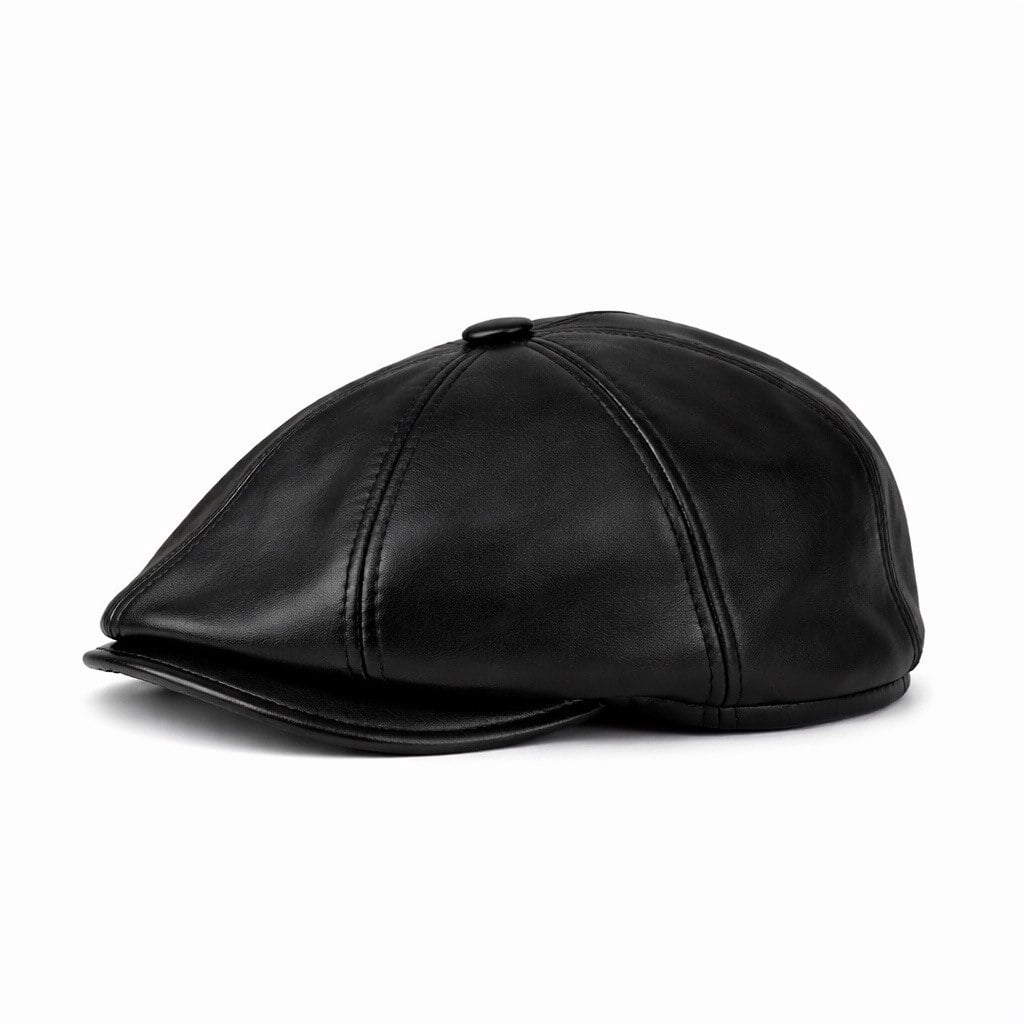 Men’s Genuine Leather Newsboy Cap – Black Ivy Flat Cap, Classic Cabbie Gatsby Black Hat