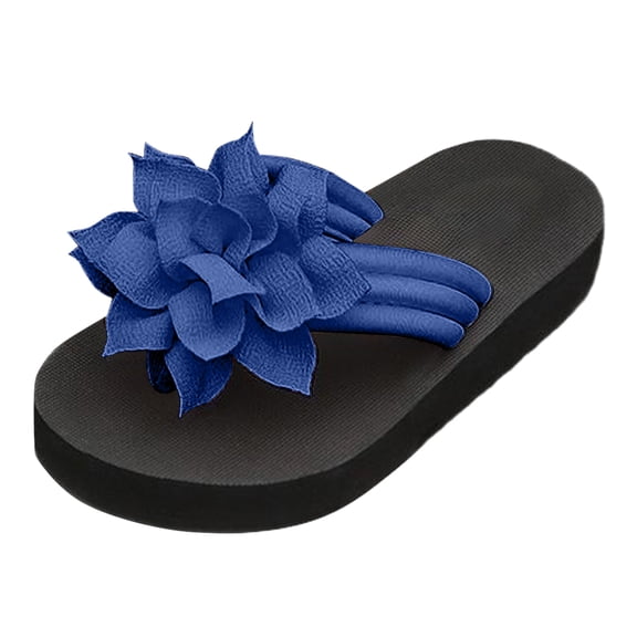 Women's Lightweight Floral Flip Flops Elegant Appliques Platform Beach Sandals Summer Slip On Flats Dress Slide Shoes Blue Size7