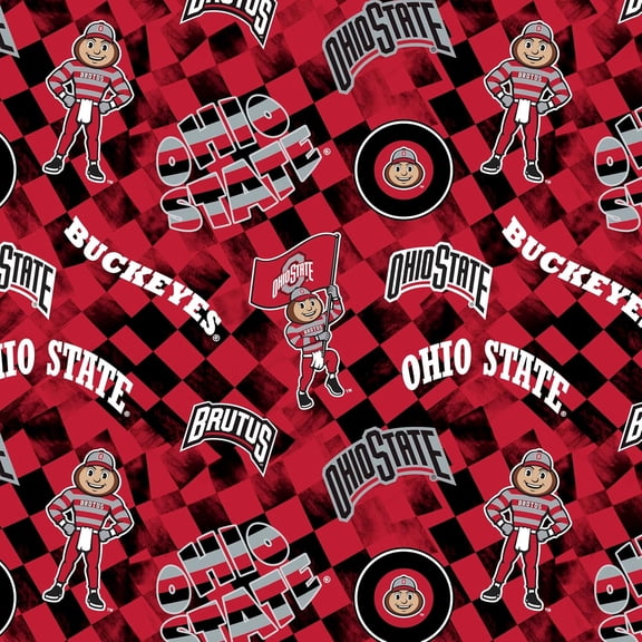 Cotton Ohio State University OSU Buckeyes Check Allover Brutus Officially Licensed by Sykel Enterprises Red Cotton Fabric Print by the Yard (OHS1370)