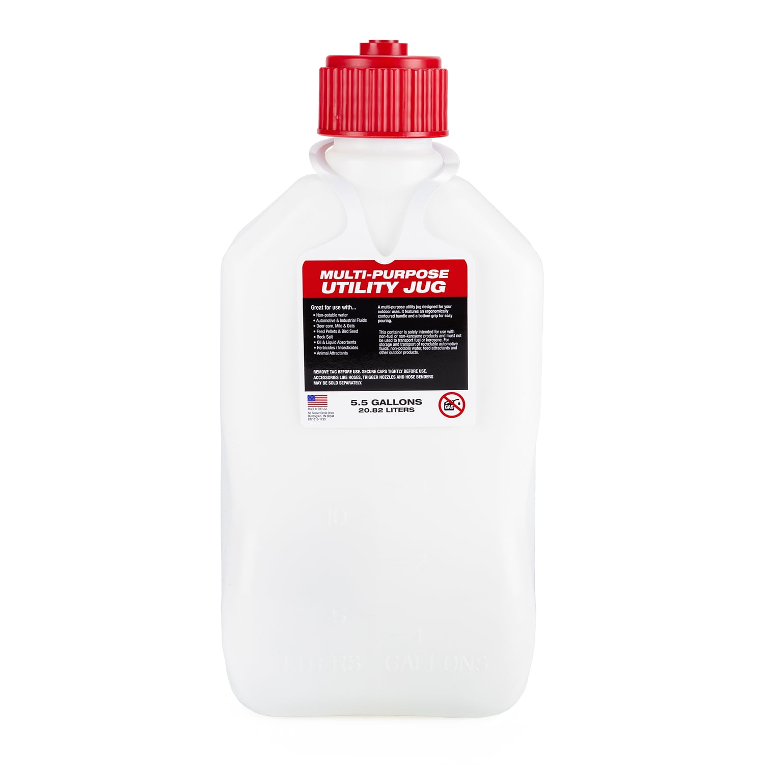 VP Racing 35221-CA 5.5 Gal. Square Patriotic Motorsport Container w/ 14 Inch Deluxe Filler Hose Close-Trimmed Cap and Neck for Tighter Seal
