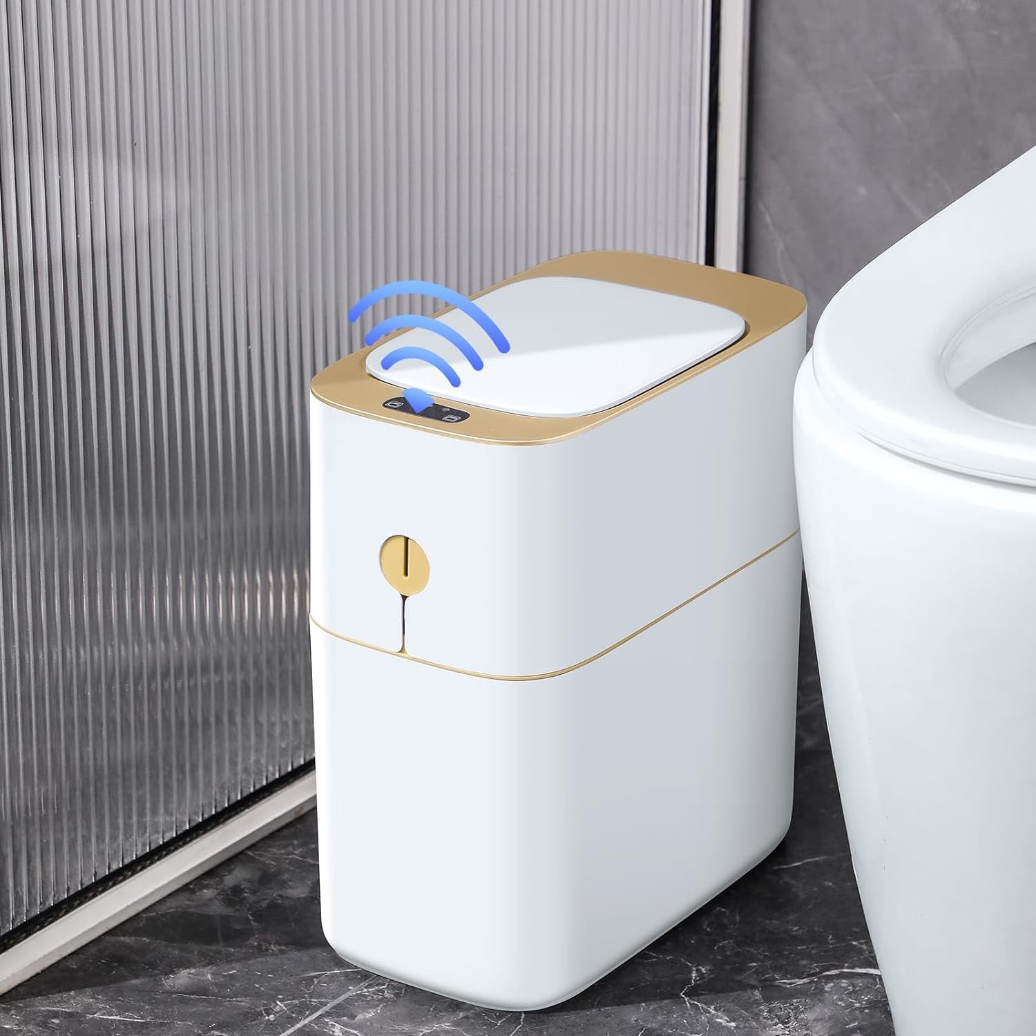 Joybos Automatic Bathroom Trash Can, 3.5 Gallon Plastic Motion Sensor Garbage Bin with Soft Close Lid, White & Gold, 1Pc