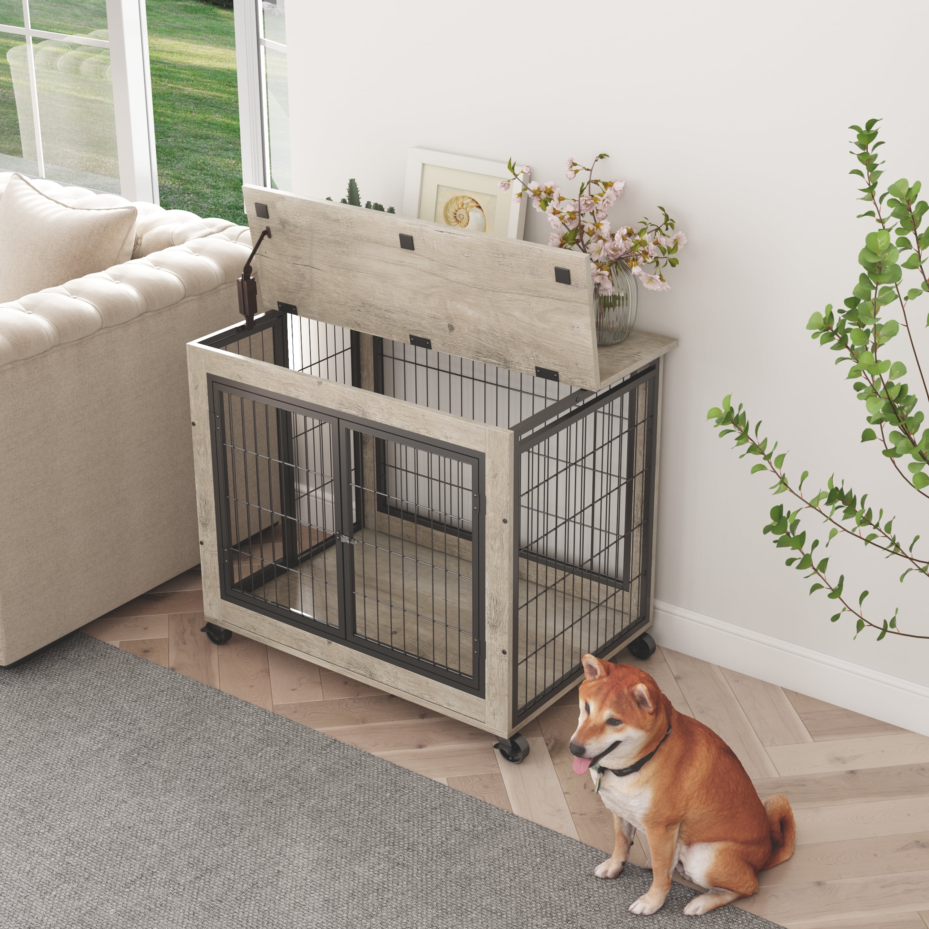 Syngar Dog Crate on Wheels, Wooden Dog Cage with Lockable Double Doors and Lift Top, Modern Home 2-in-1 Dog House End Table Furniture, Dog House for Small Sized Dogs, Gray, 31.5"L