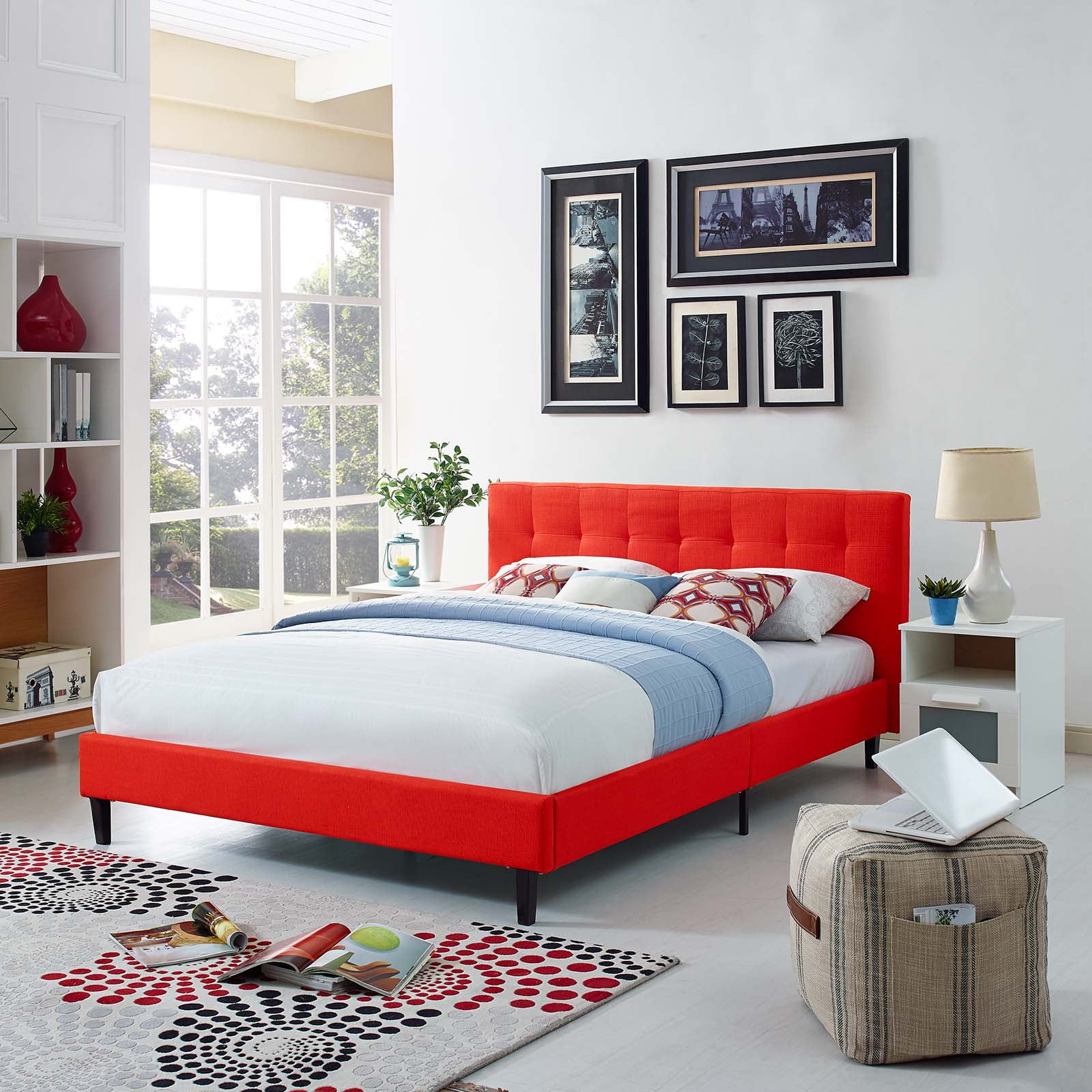 Modern Contemporary Urban Design Bedroom Full Size Platform Bed Frame Red Fabric Wood