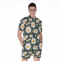 Watercolor Daisy Flower Pattern Short Sleeve Men'S Rompers, Daisy Floral Casual Summer Jumpsuits Outfit