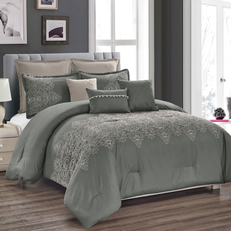 8 Piece Comforter Bedding Set Bed in A Bag Gray Ivory Embroidered