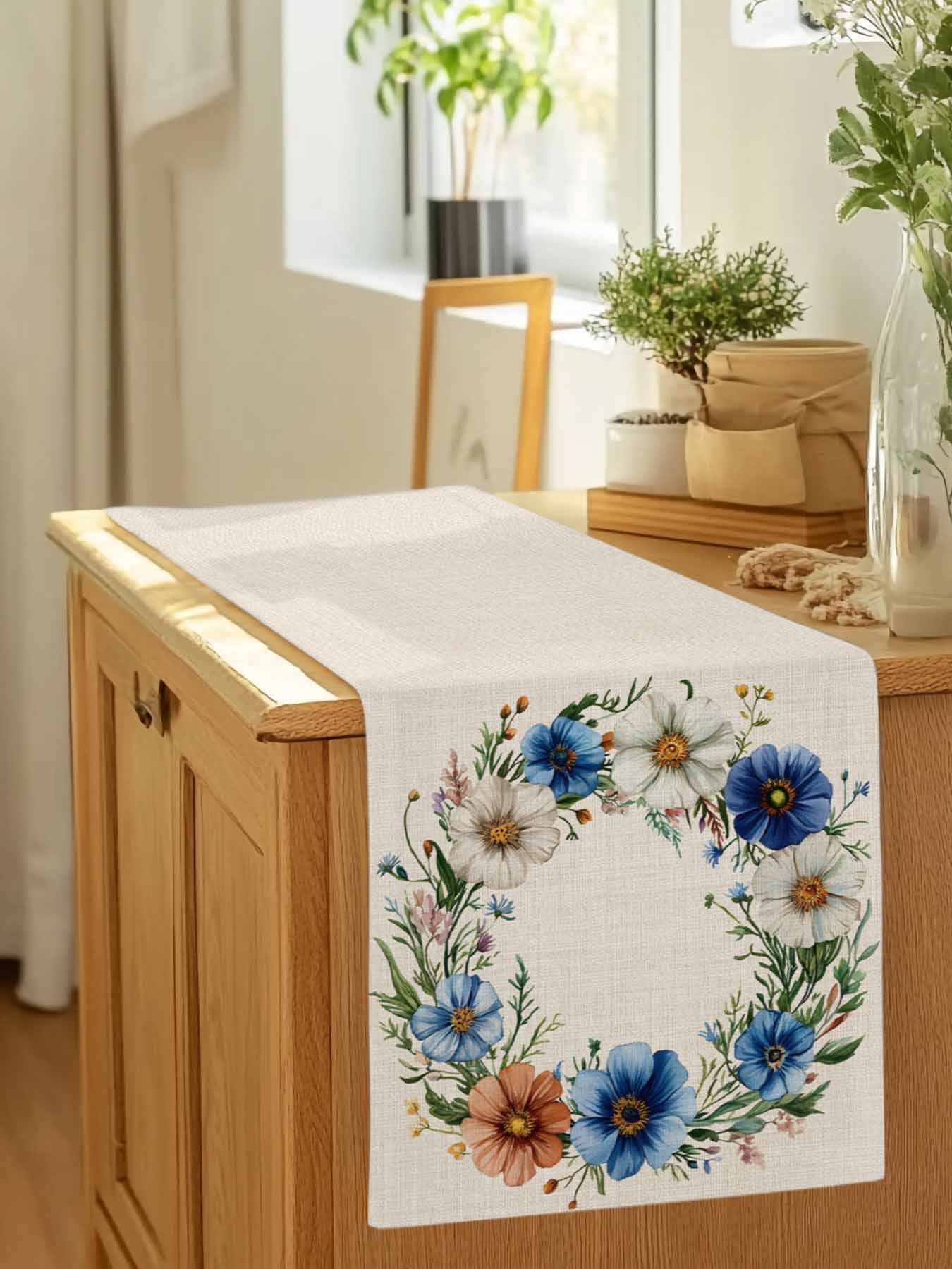 Watercolor Summer Flower Garland Table Runner 90 Inches Long, Beige Linen Background Table Runners Tabletop Scarf Kitchen Dining Tables Decoration for Home Party Indoor Outdoor