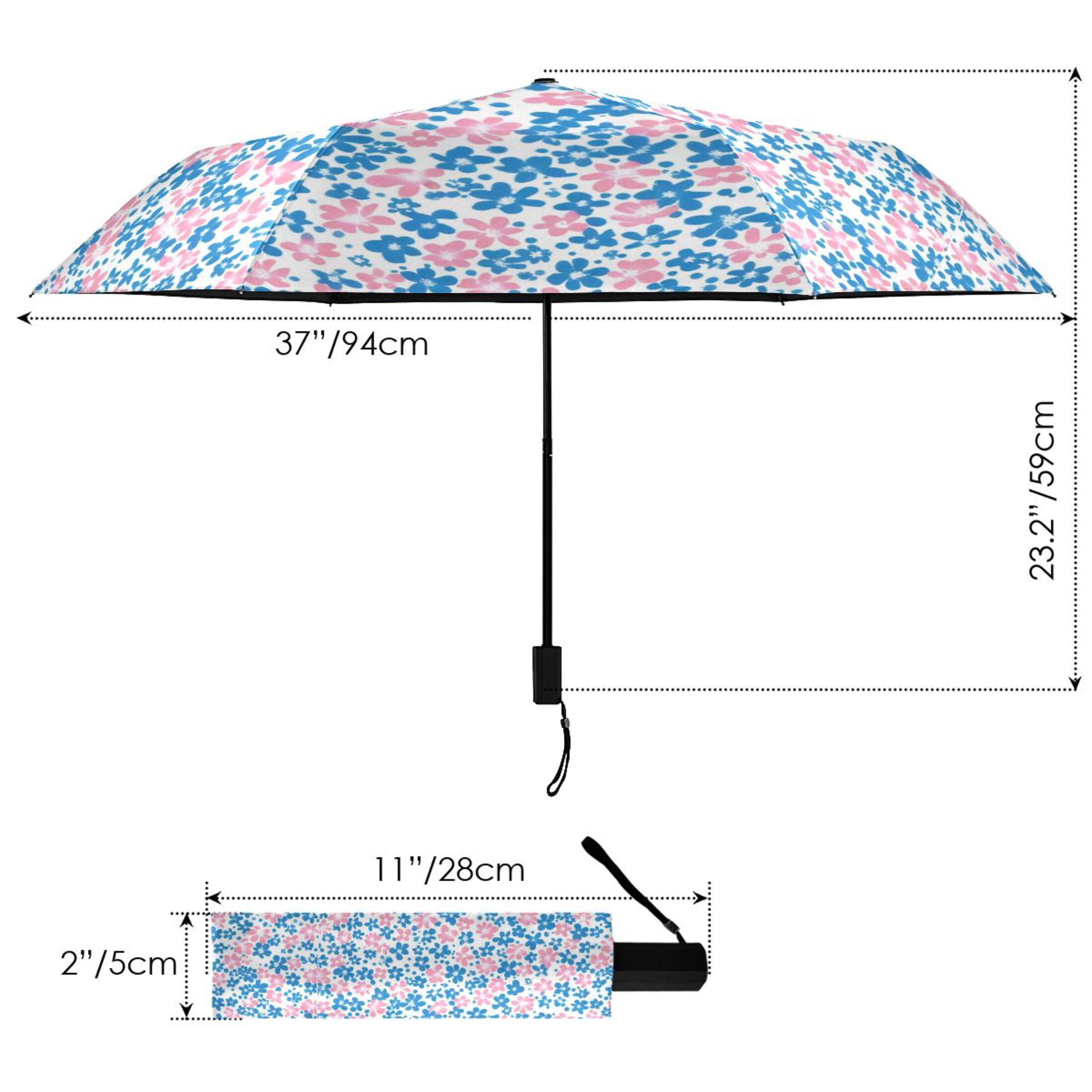 Blue and Pink Small Flowers Compact Sun Umbrella Windproof Travel Umbrellas for Rain Strong Portable UV Protection