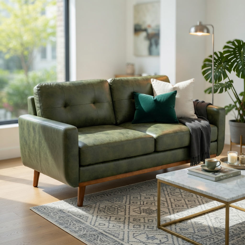 Hommoo 65" Mid-Century Modern Two-Seater Sofa, Breathable Polyester Fabric, Solid Wood Legs, Tool-Free Assembly, Olive Green