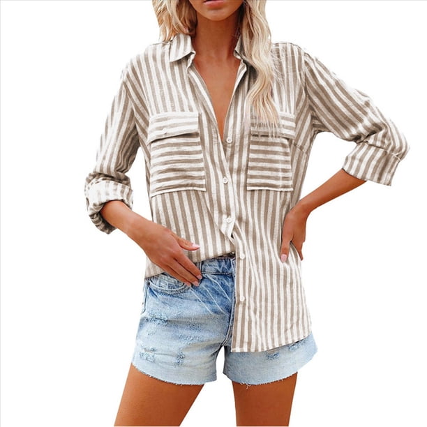 Camisas A Rayas con Botones para Mujer, Blusas Casuales de Larga con Cuello en V y Bolsillos Caqui L