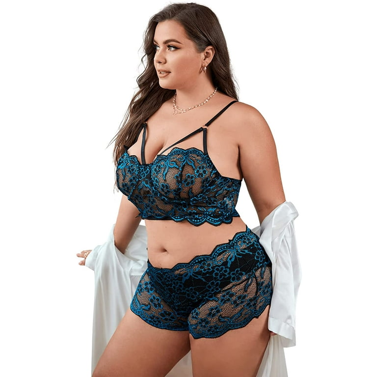 SOLY HUX Women's Plus Size Floral Lace Scalloped Trim Underwire Lingerie  Bra and Panty 